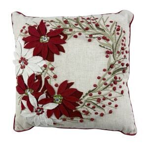 Pier 1 Imports Pillow Poinsettia Appliqué Berry Wreath Christmas Decor 15X15